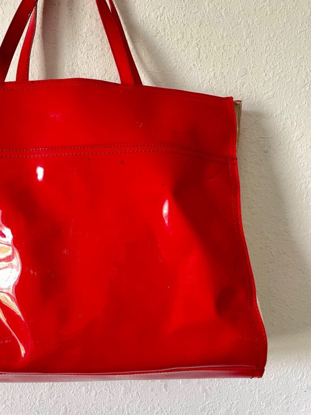 Tory Burch Ella Red Patent Leather Canvas Monogram Large Bag Tote Gold - Picture 11 of 16